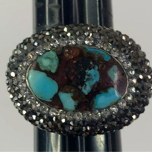 Sterling Silver 925 Ring, Blue and Black Colors With Marcasite Accents - Size 9